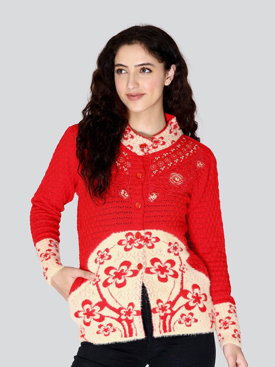 

Arshiya Women Red & Off White Floral Cardigan