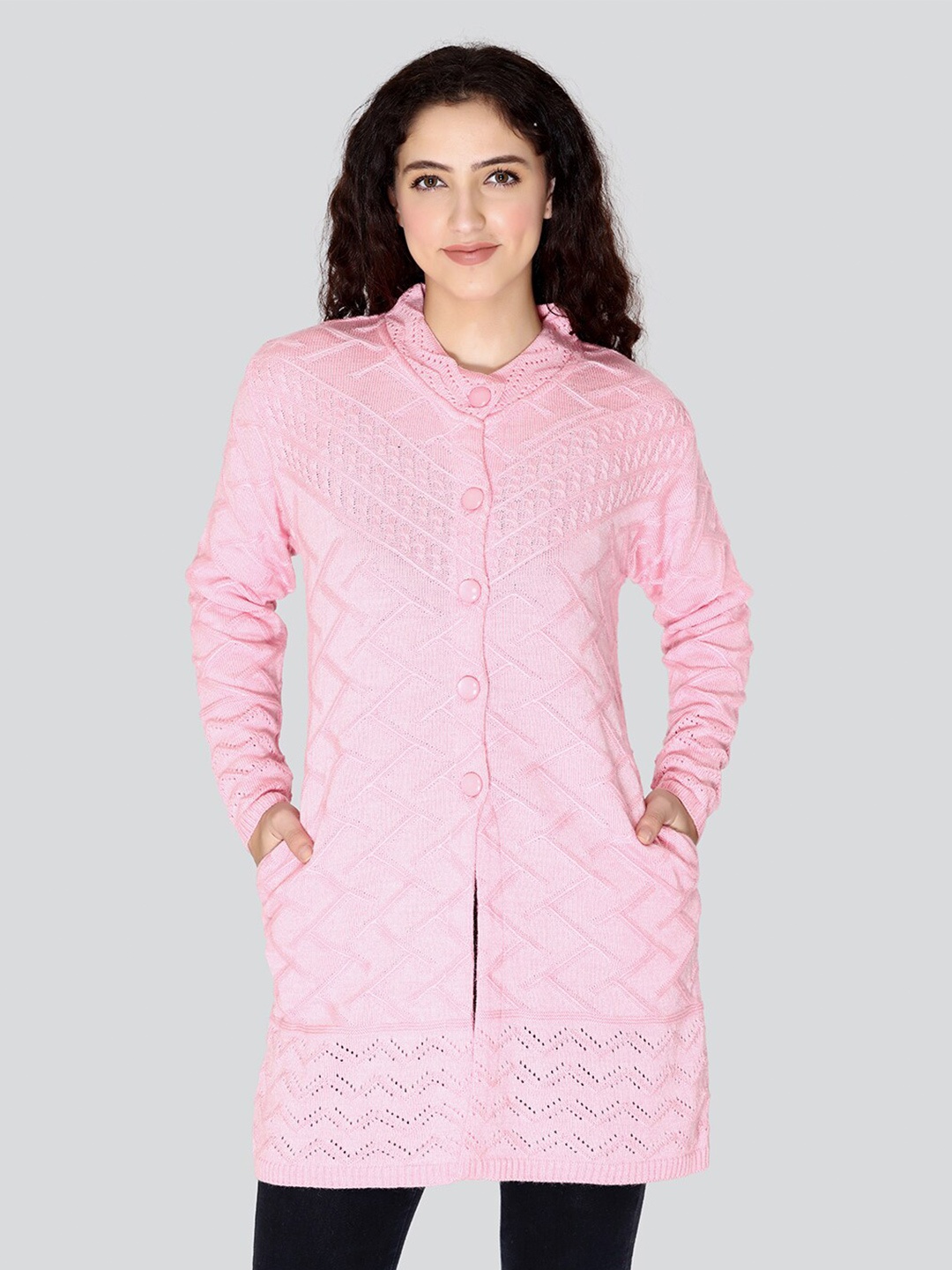 

Arshiya Women Pink Cable Knit Longline Cardigan