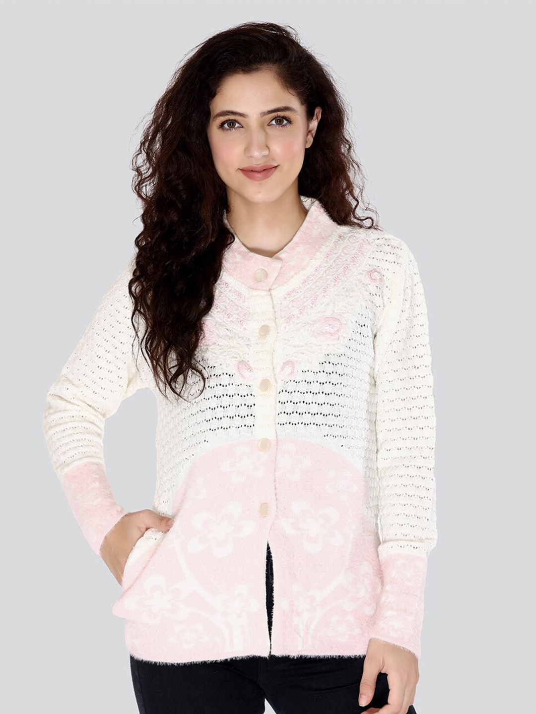 

Arshiya Women Cream-Coloured & Pink Cardigan