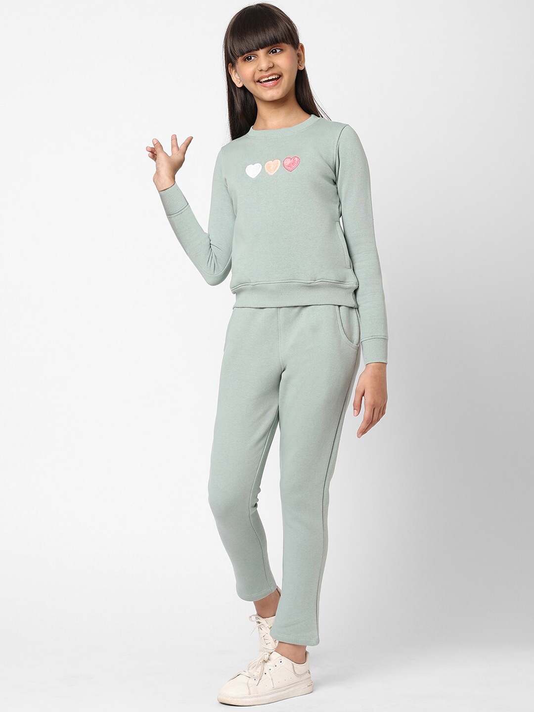 

Sweet Dreams Girls Green Printed Fleece Tracksuits