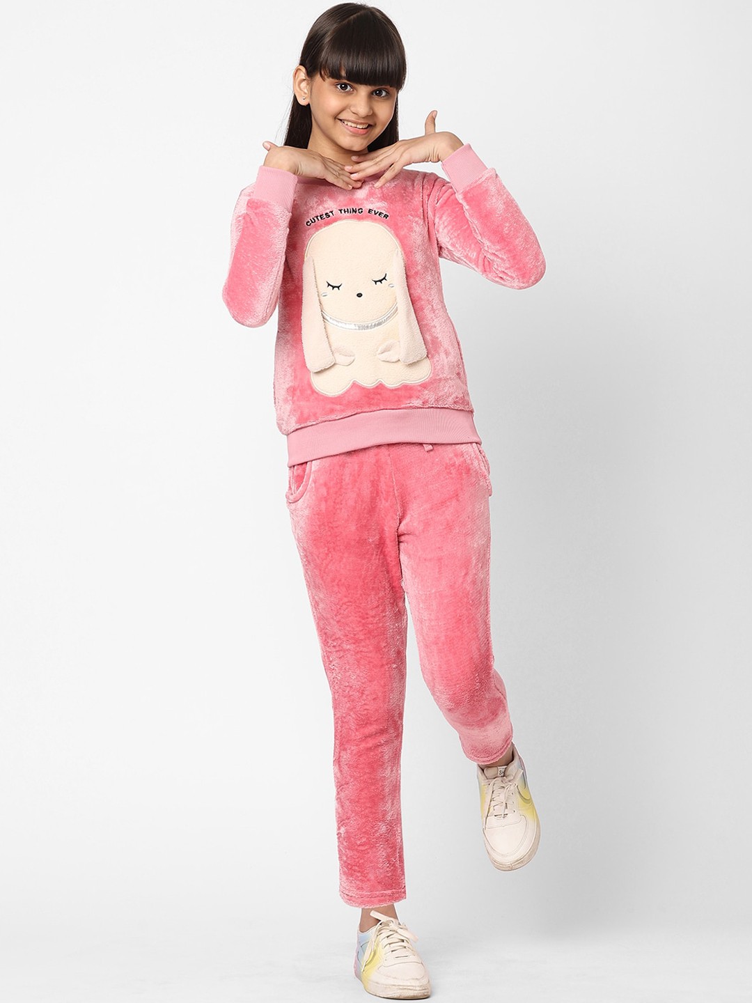 

Sweet Dreams Girls Pink Self Design Fleece Tracksuits