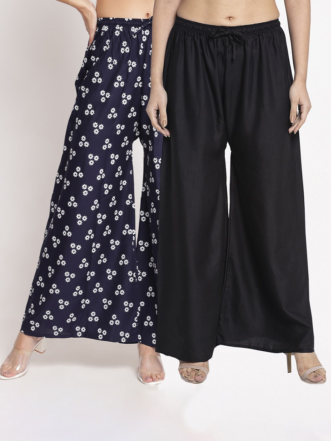 

GRACIT Women Black & Navy Blue 2 Floral Printed Flared Knitted Palazzos