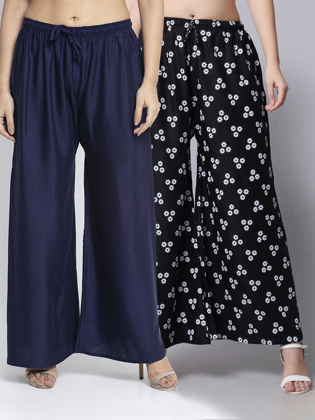 

GRACIT Women Navy Blue & Black 2 Floral Printed Flared Palazzos