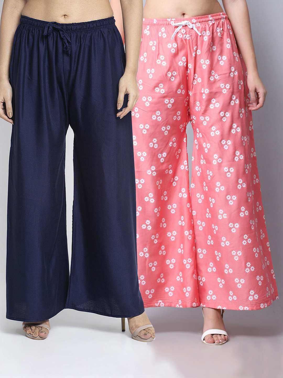 

GRACIT Women Navy Blue & Pink 2 Floral Printed Flared Ethnic Palazzos