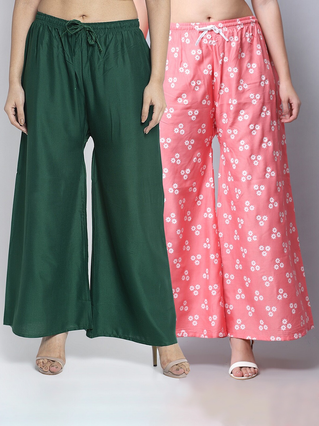 

GRACIT Women Green & Pink 2 Floral Printed Flared Palazzos