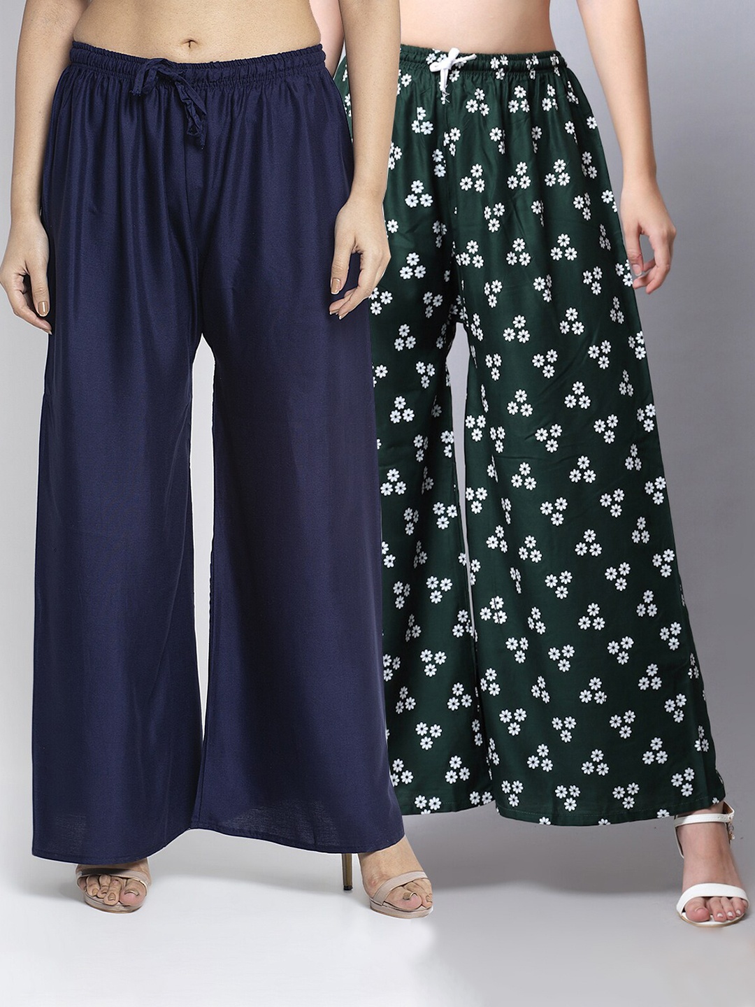 

GRACIT Women Navy Blue & Green 2 Floral Printed Flared Palazzos