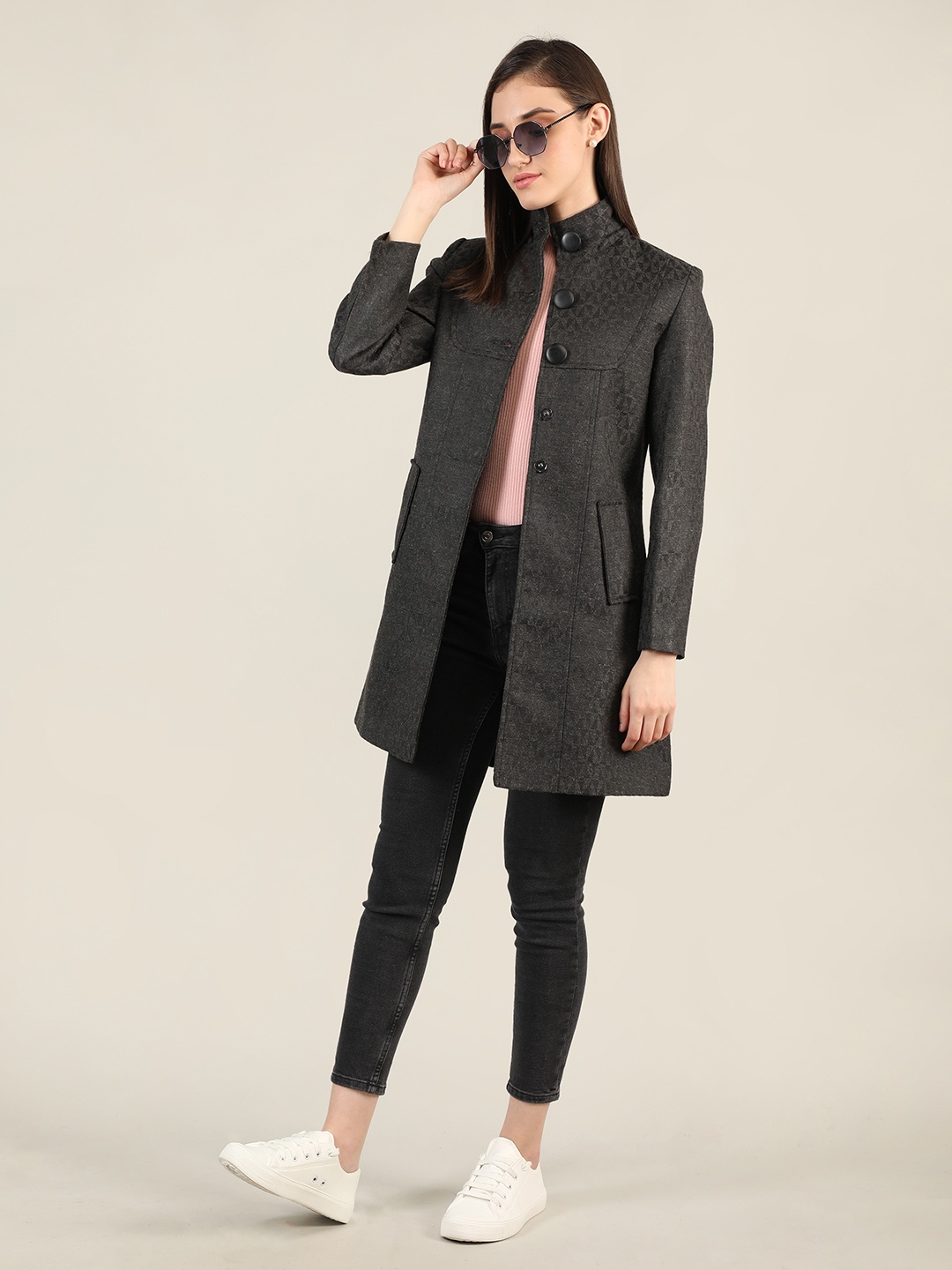 

Dlanxa Women Black Self-design Hip Length Overcoat