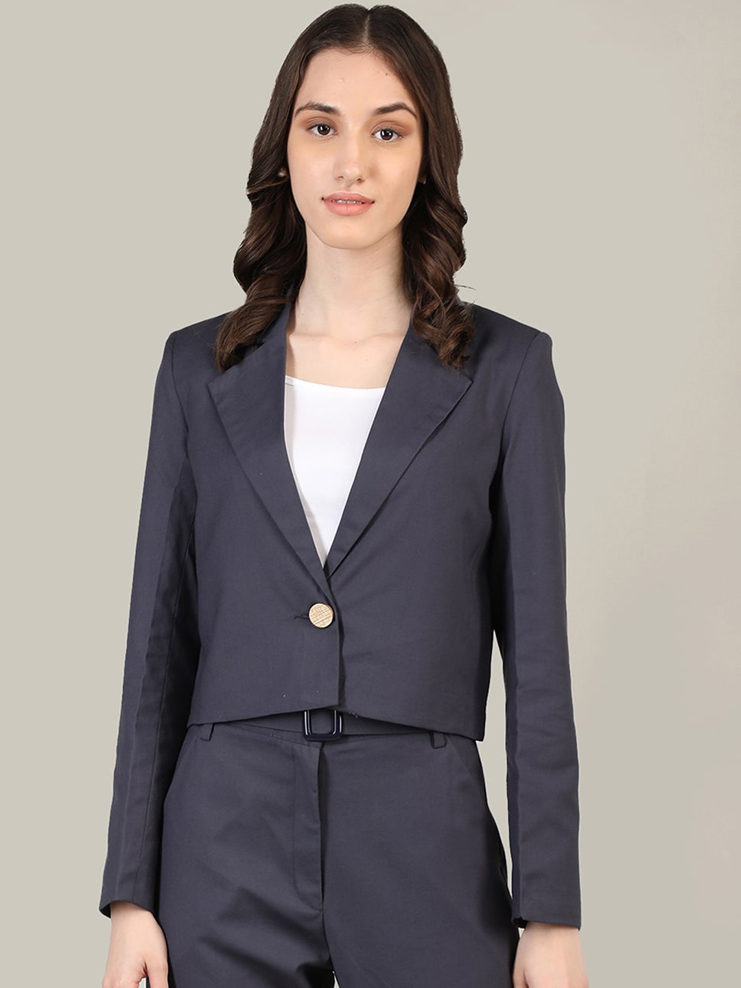 

Dlanxa Women Solid Single-Breasted Crop Formal Blazer, Grey