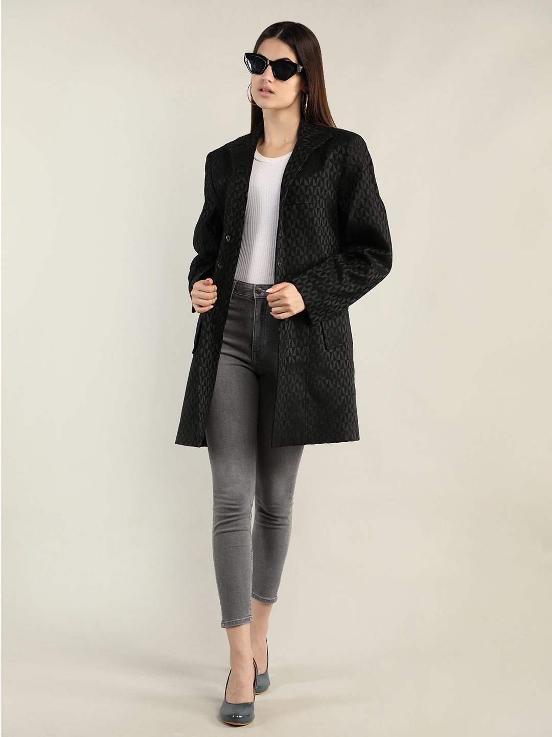 

Dlanxa Women Black Self-design Regular Fit Overcoat