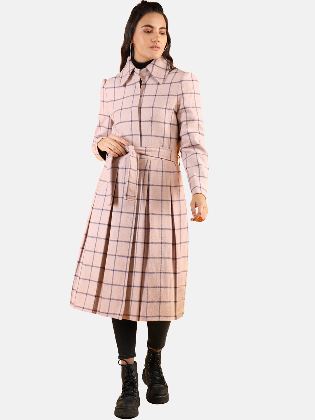 

Dlanxa Women Pink & Brown Checked Longline Overcoat, Peach