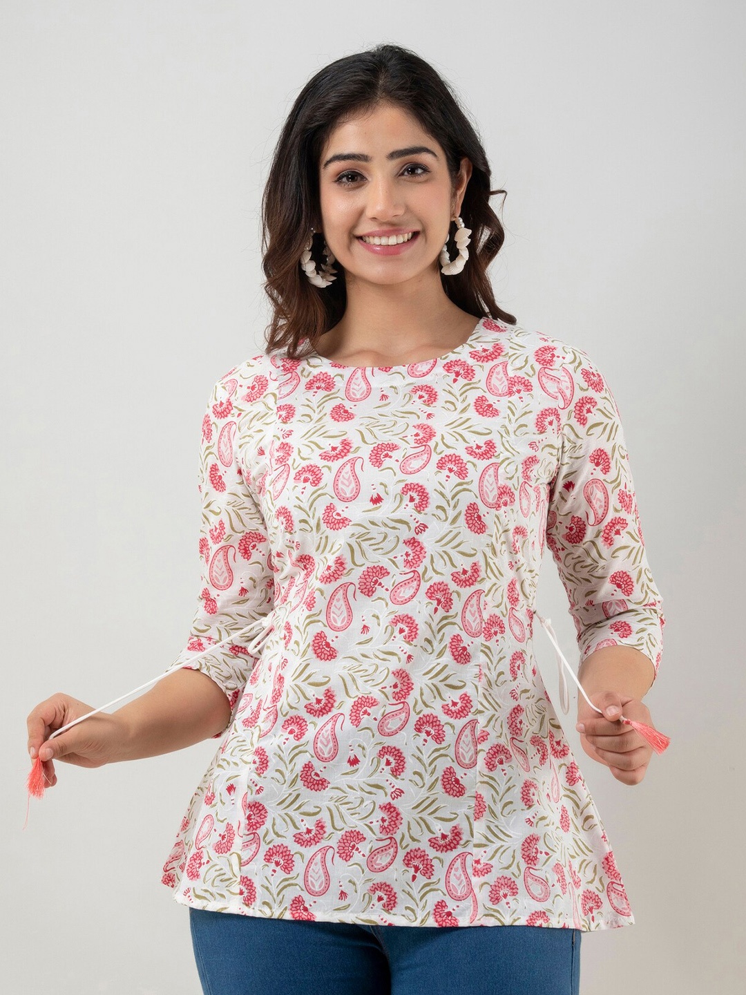 

FASHION DEPTH Off White & Red Floral Print Pure Cotton Top
