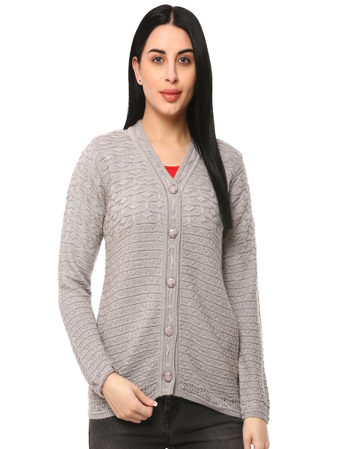 

GLAMAZE Women Grey Cable Knit Cardigan