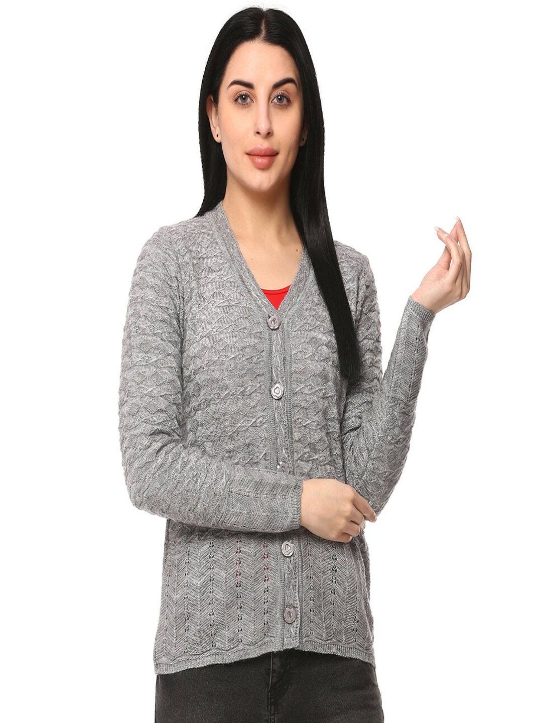 

GLAMAZE Women Grey Cable Knit Cardigan