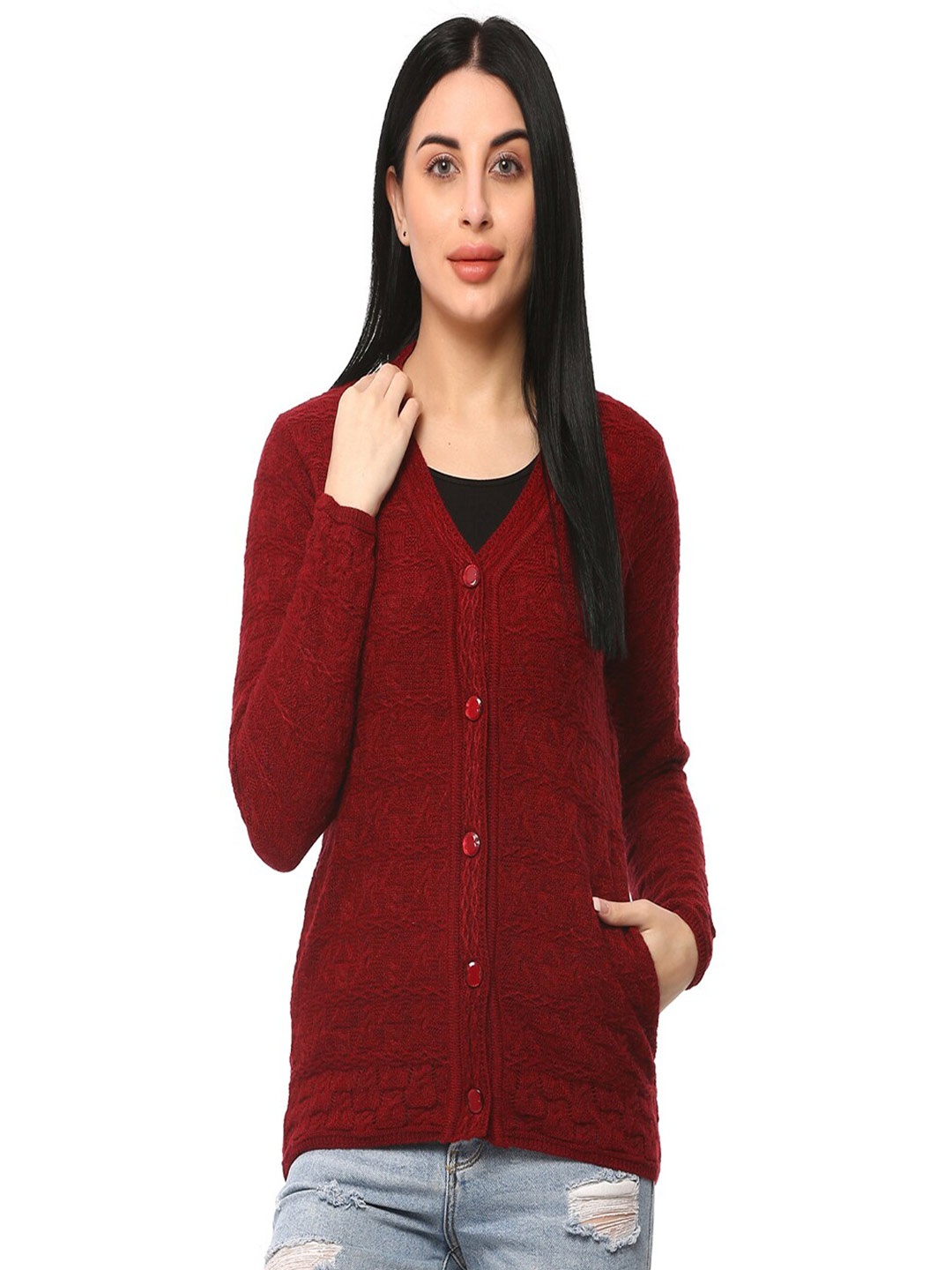 

GLAMAZE Women Maroon Cable Knit Cardigan