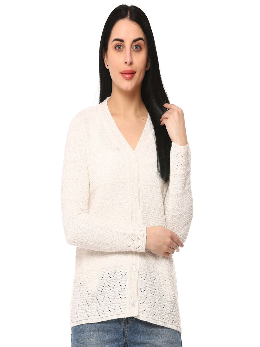 

GLAMAZE Women White Cable Knit Cardigan