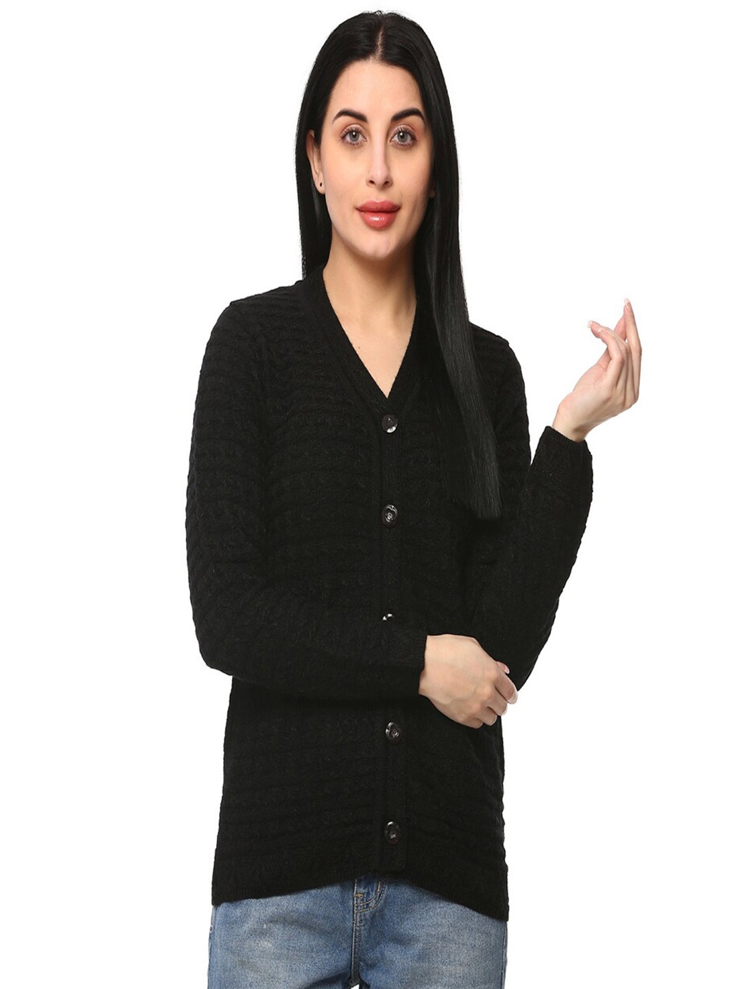 

GLAMAZE Women Black Cable Knit Cardigan