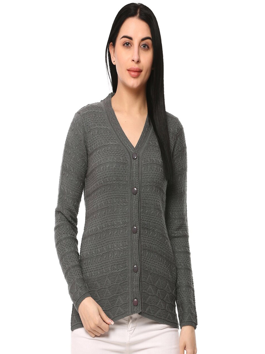 

GLAMAZE Women Grey Cable Knit Cardigan