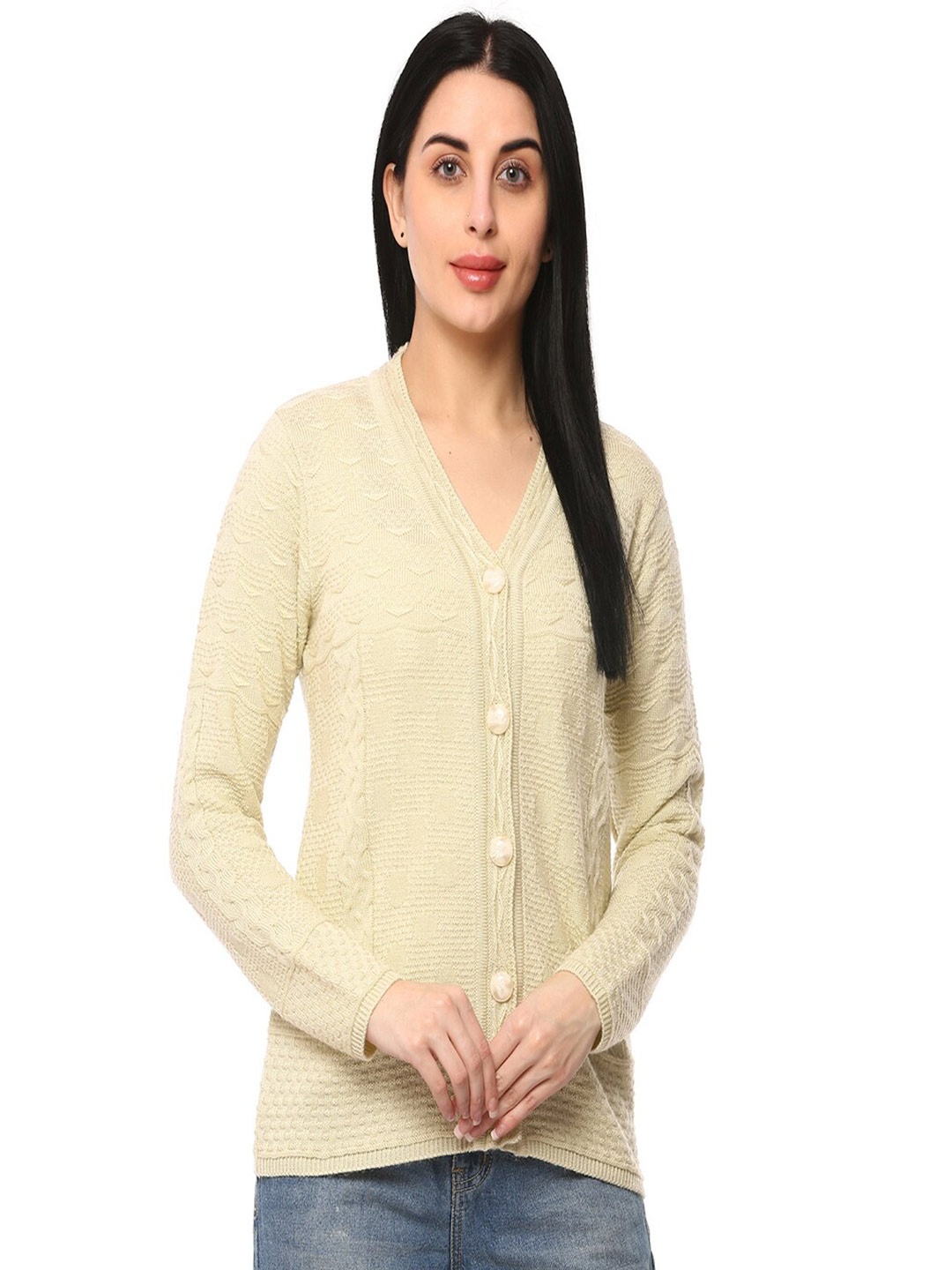 

GLAMAZE Women Beige Cable Knit Cardigan