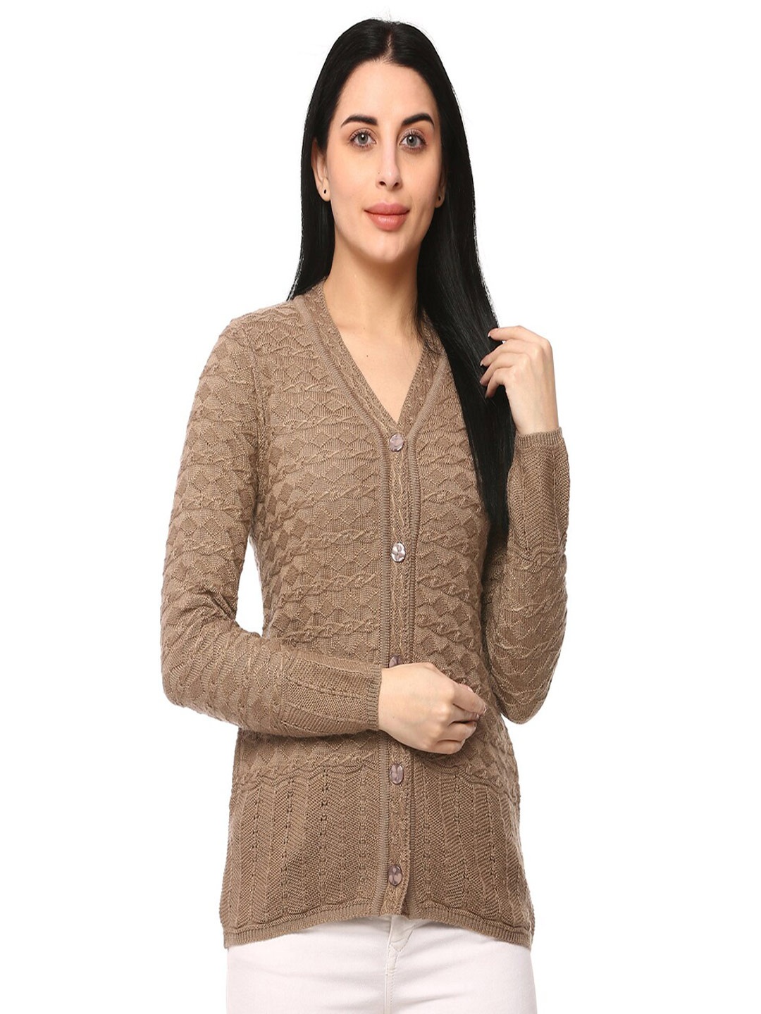 

GLAMAZE Women Brown Cable Knit Cardigan