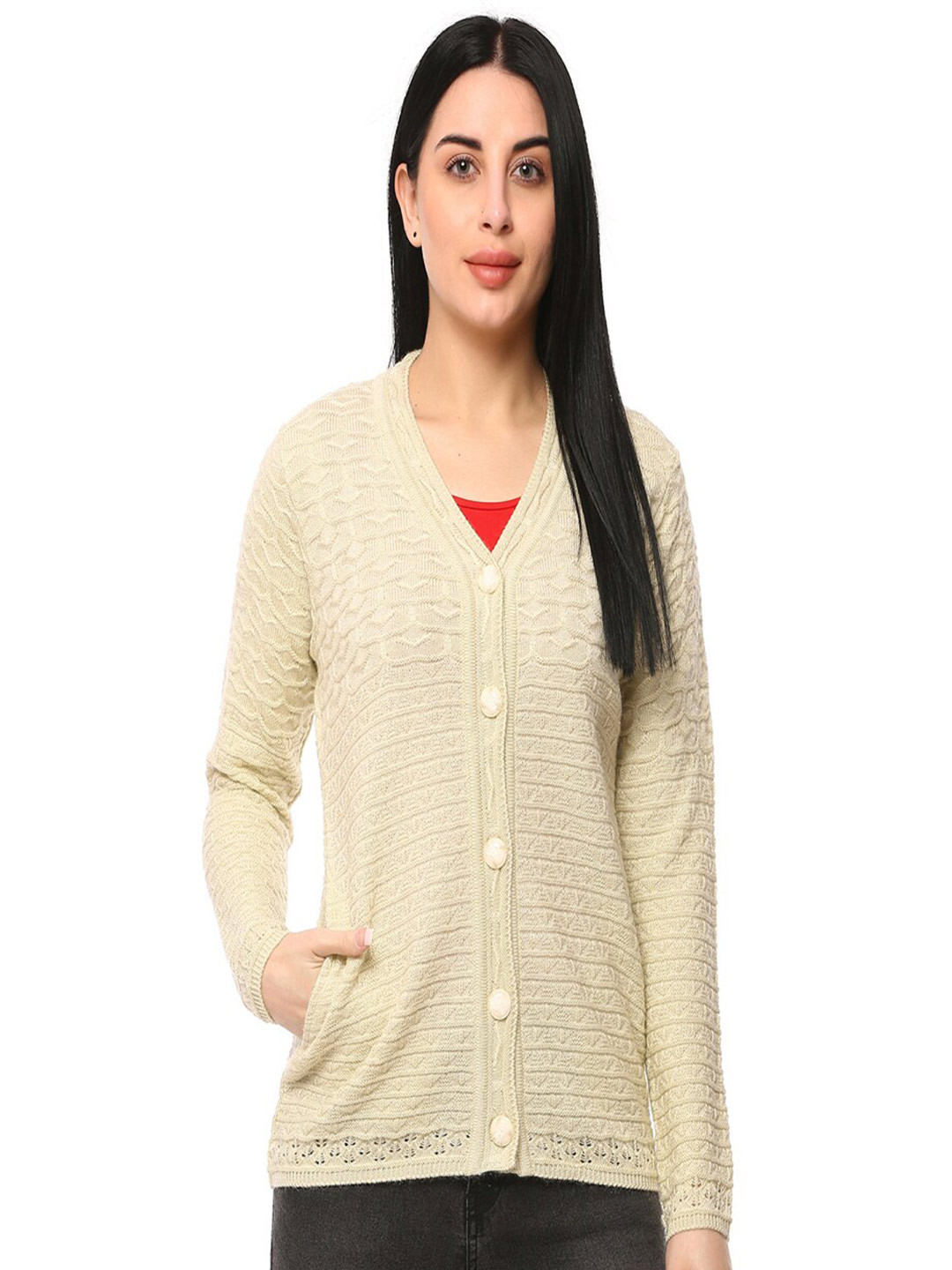 

GLAMAZE Women Beige Cable Knit Cardigan