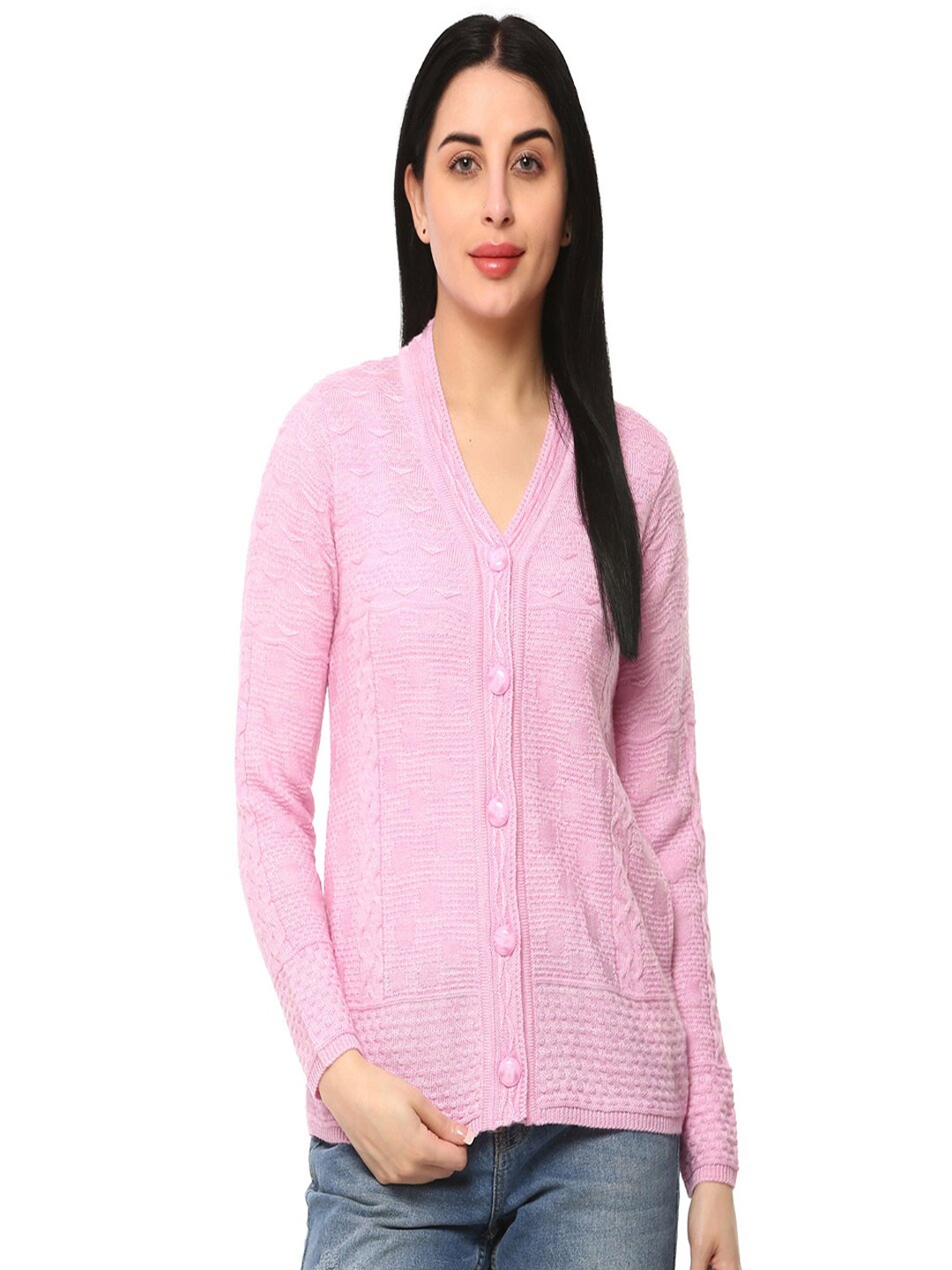 

GLAMAZE Women Pink Cable Knit Cardigan
