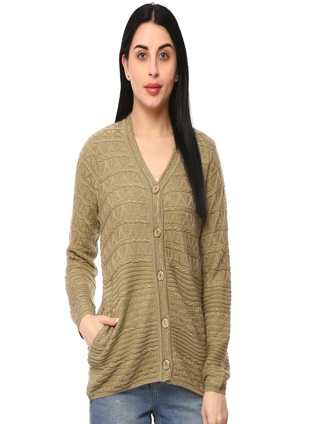 

GLAMAZE Women Beige Cable Knit Cardigan