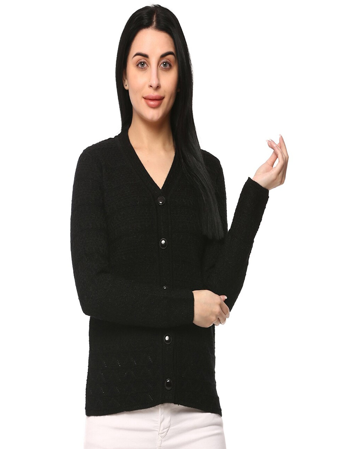 

GLAMAZE Women Black Cable Knit Cardigan