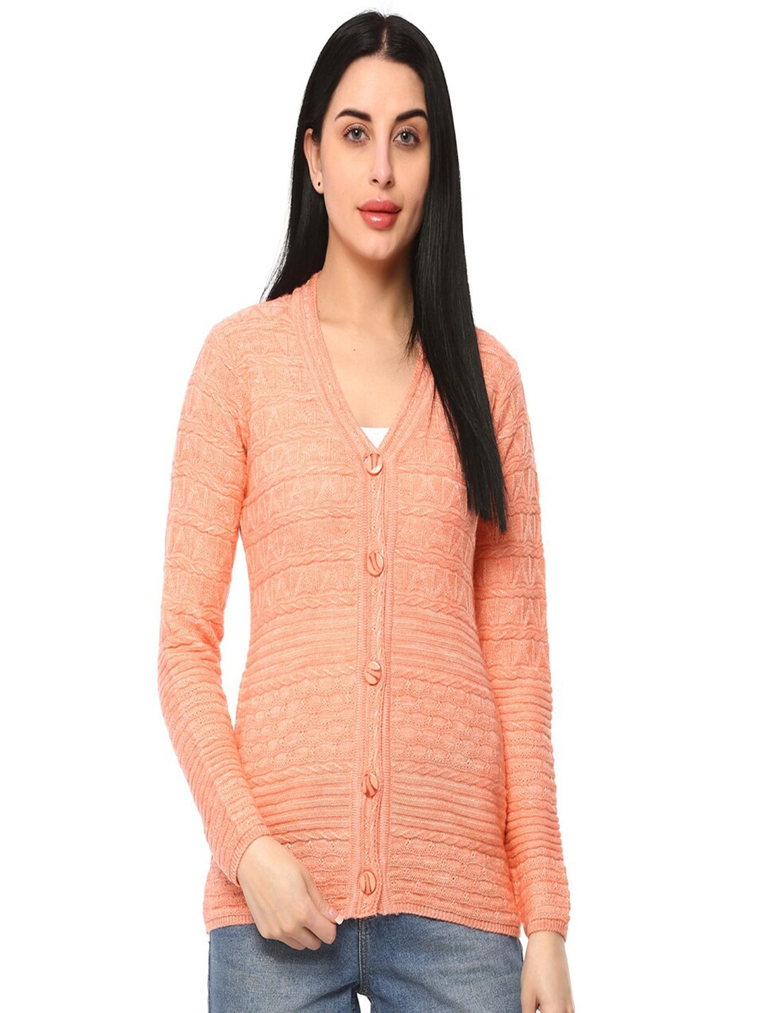 

GLAMAZE Women Orange Cable Knit Cardigan