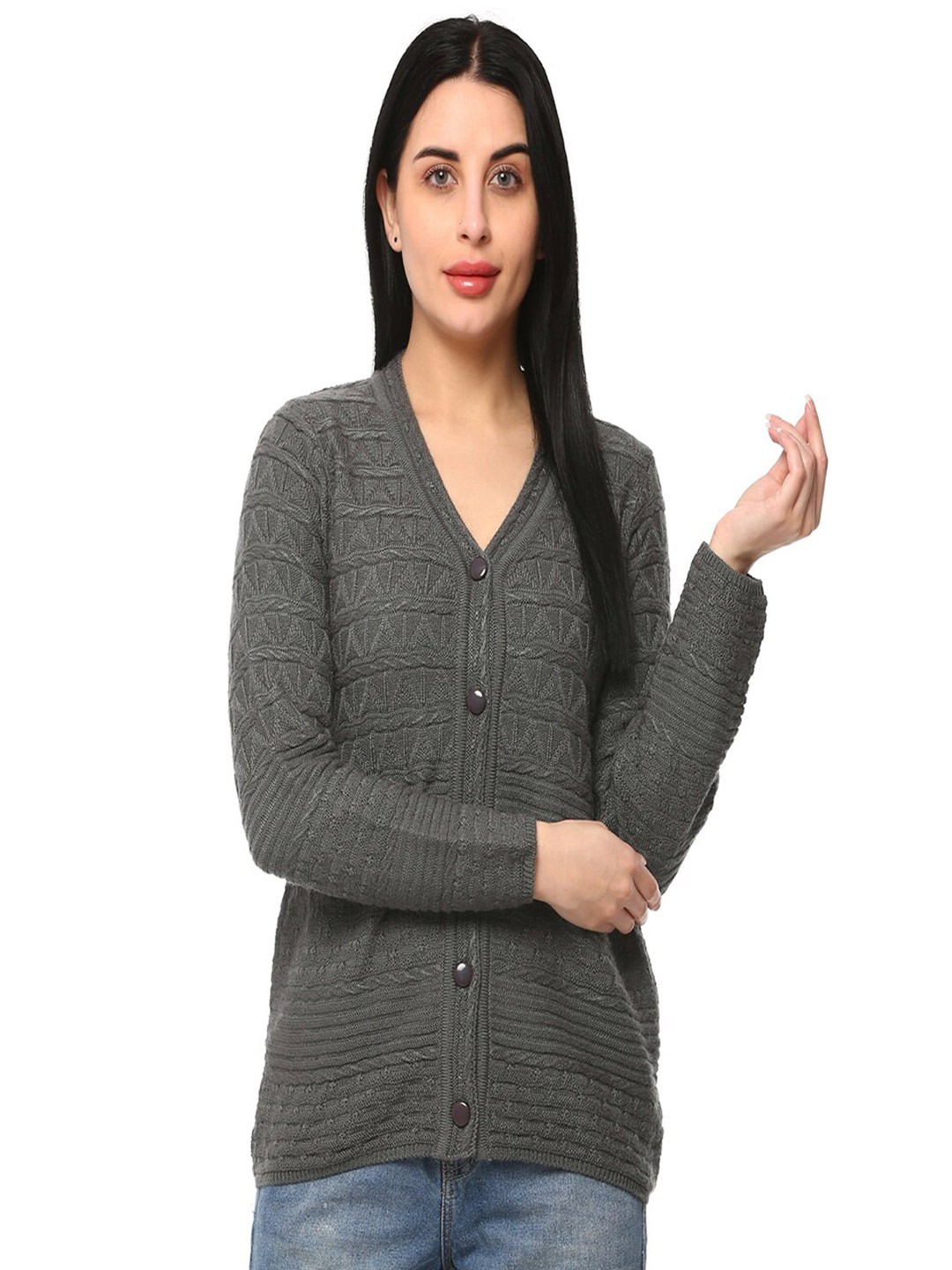 

GLAMAZE Women Grey Cable Knit Cardigan
