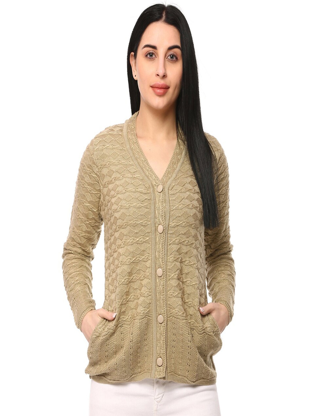 

GLAMAZE Women Beige Cable Knit Cardigan