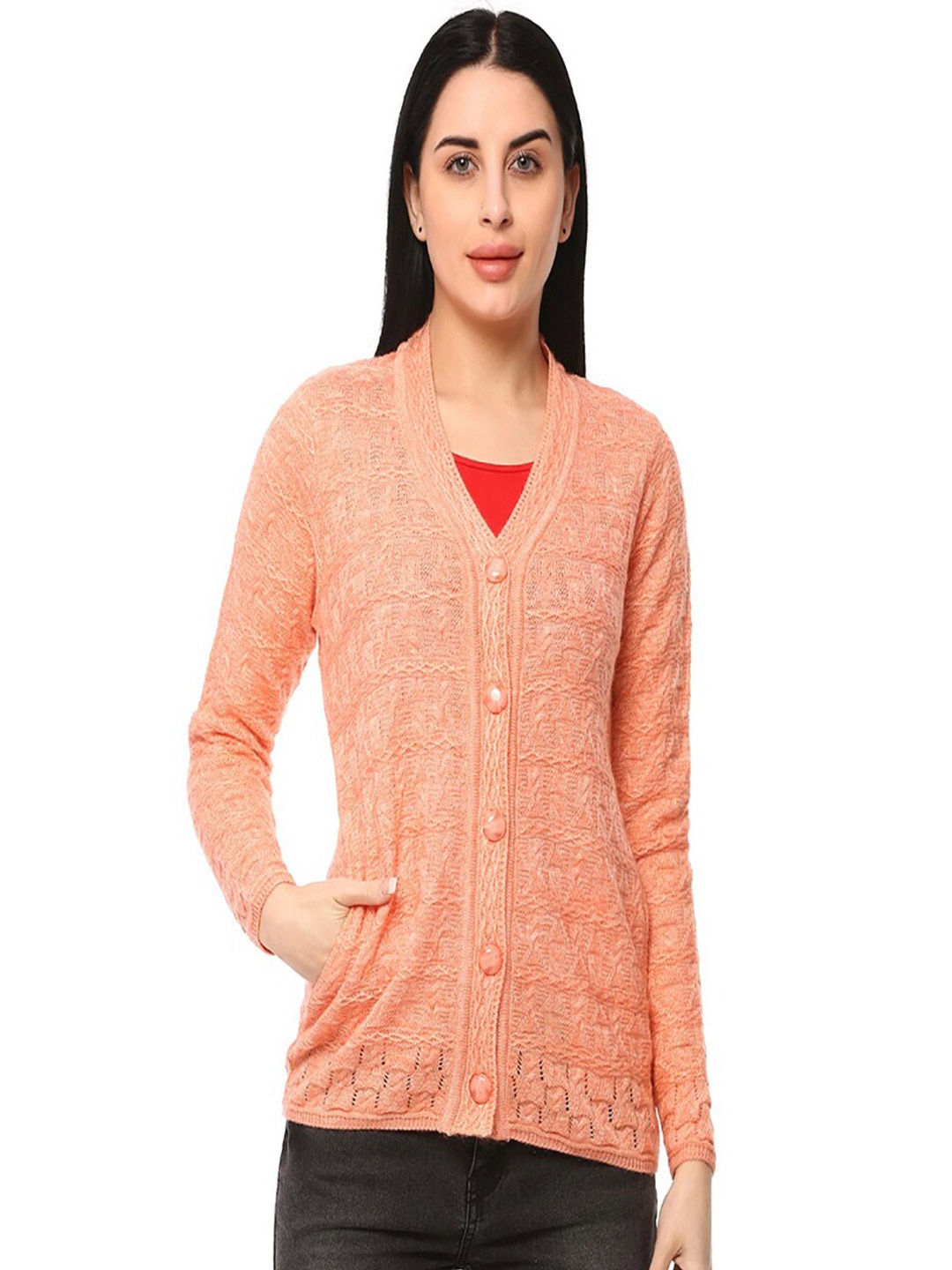 

GLAMAZE Women Orange Cable Knit Cardigan