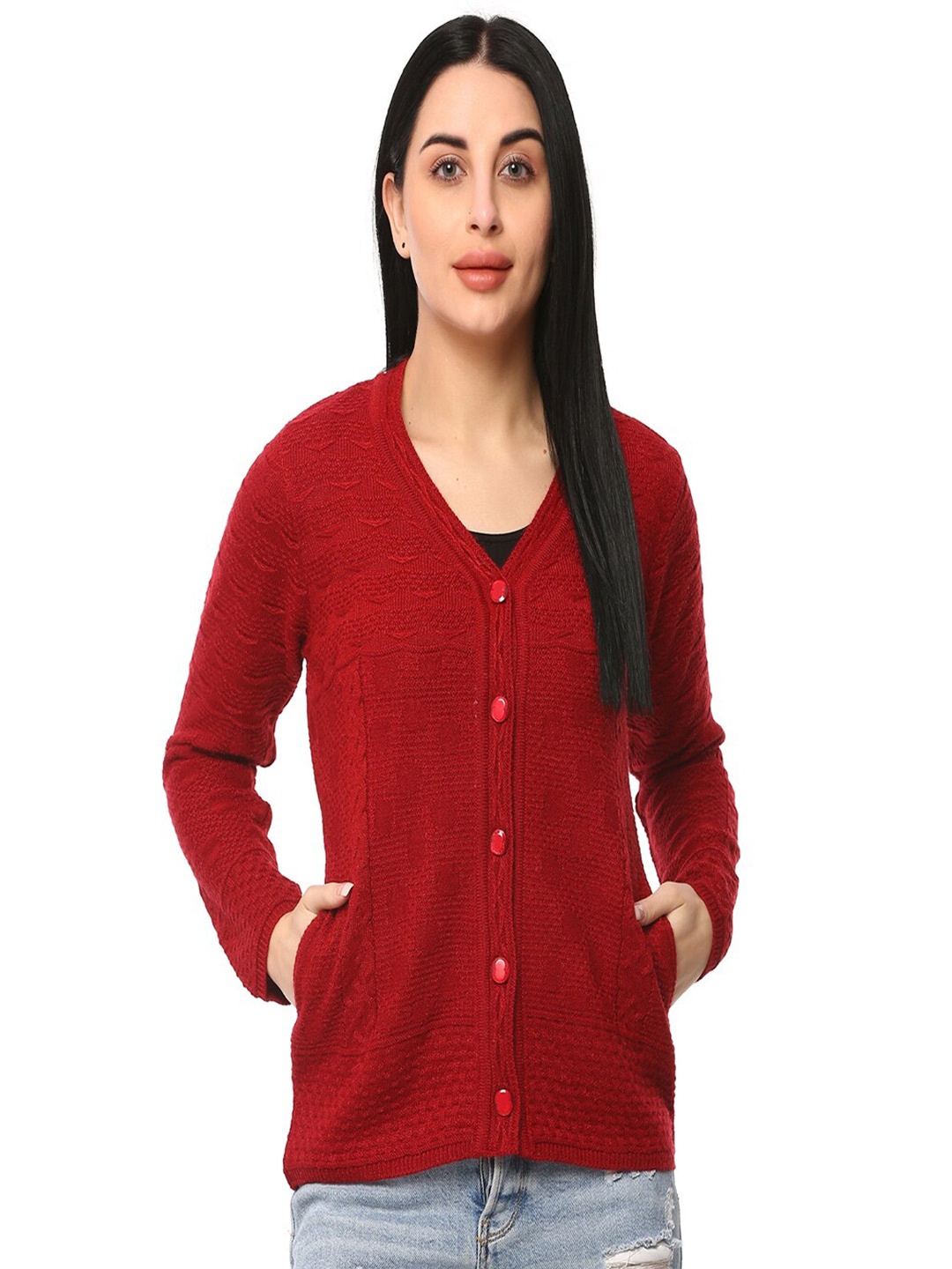 

GLAMAZE Women Red Cable Knit Cardigan