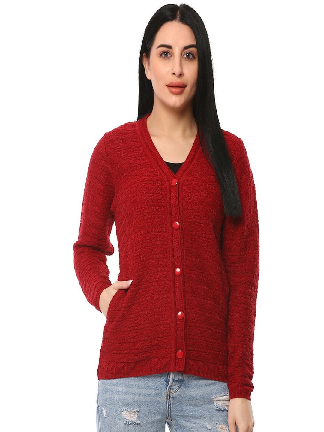 

GLAMAZE Women Red Cable Knit Cardigan