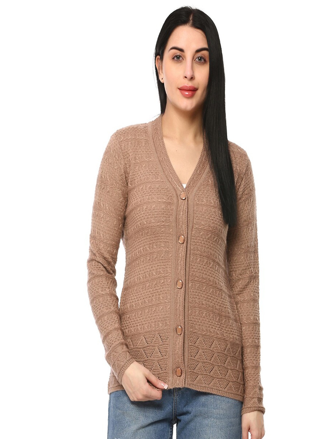 

GLAMAZE Women Brown Cable Knit Cardigan