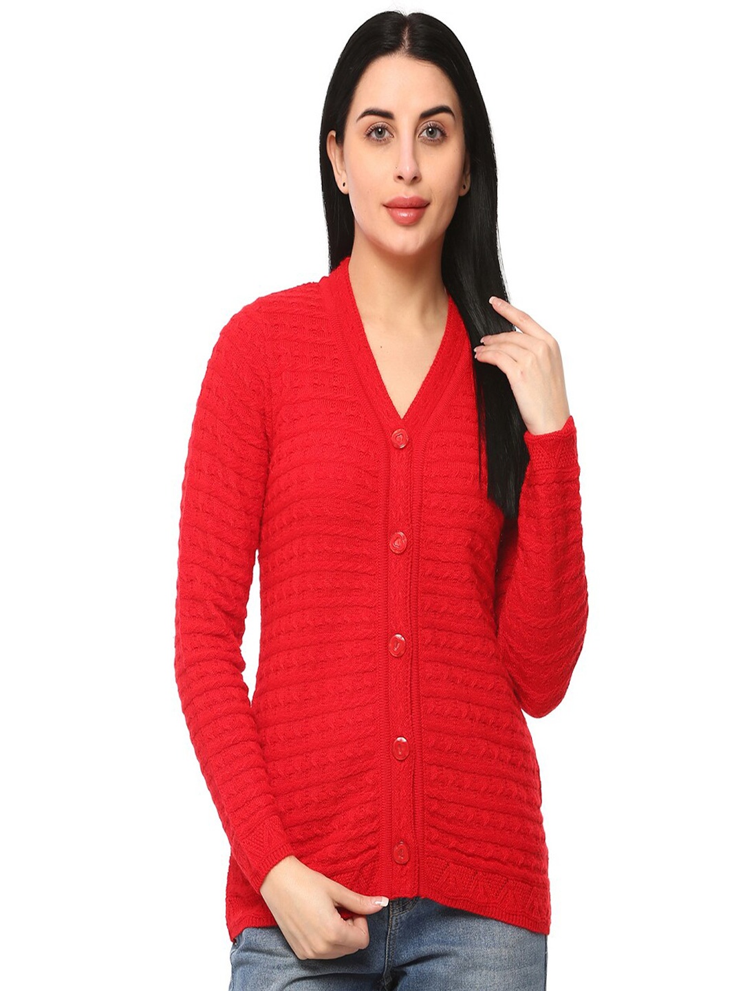

GLAMAZE Women Red Cable Knit Cardigan