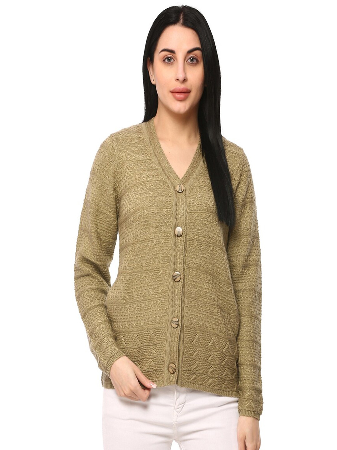 

GLAMAZE Women Beige Cable Knit Cardigan