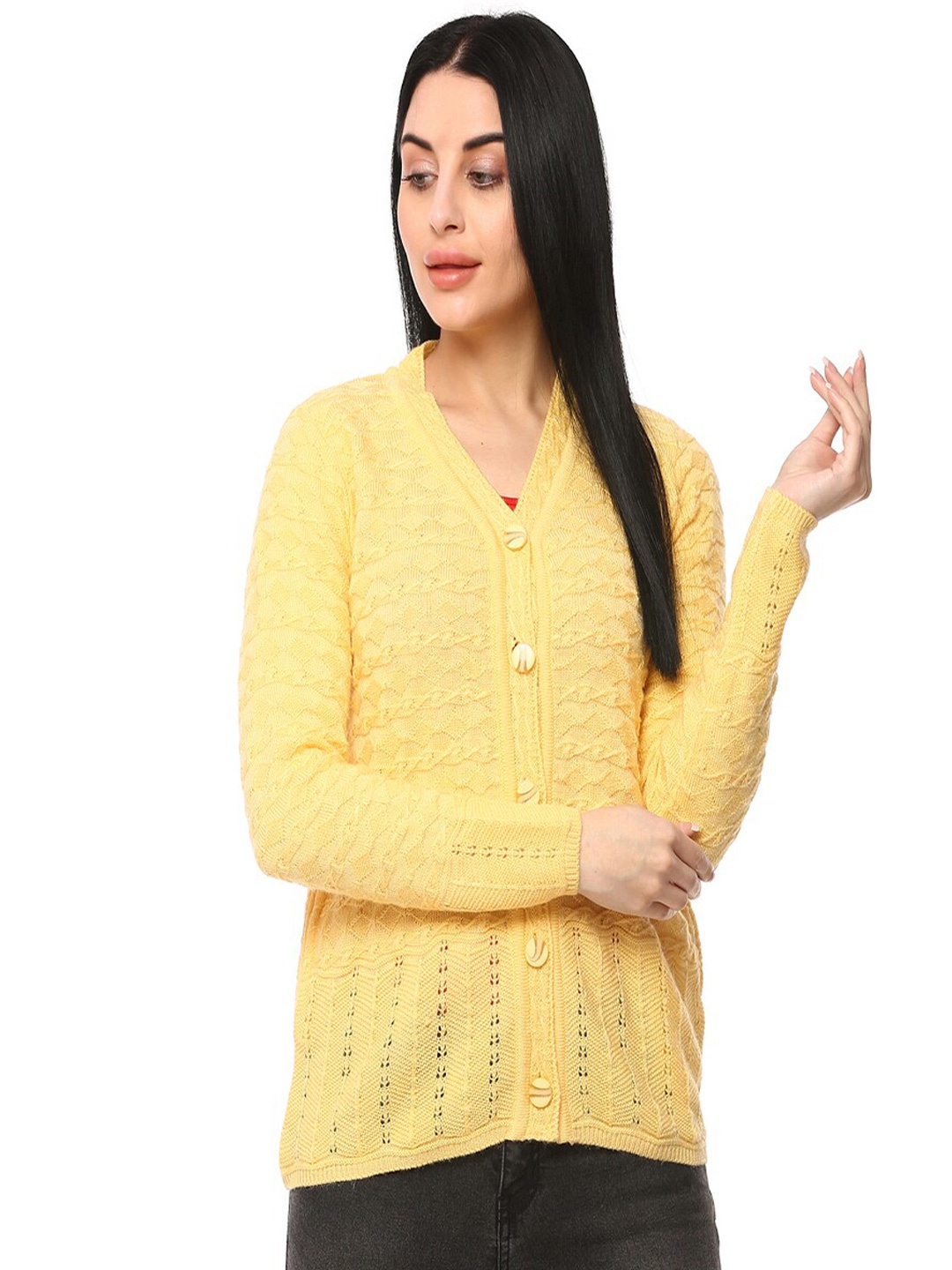 

GLAMAZE Women Yellow Cable Knit Cardigan