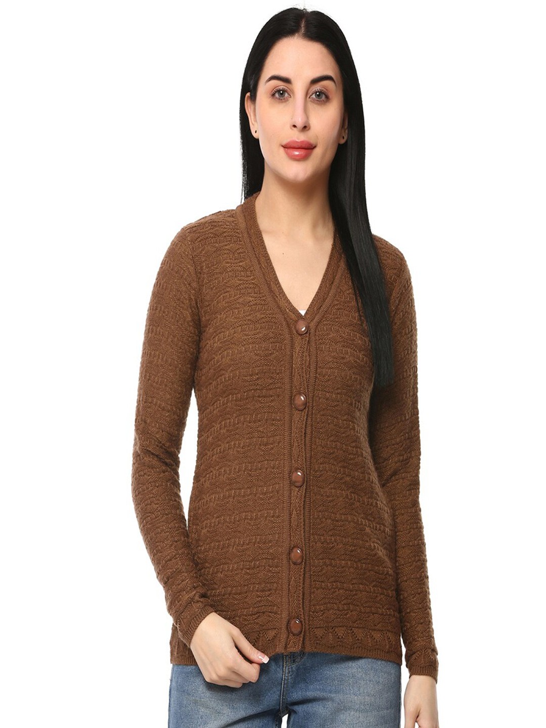 

GLAMAZE Women Brown Cable Knit Cardigan
