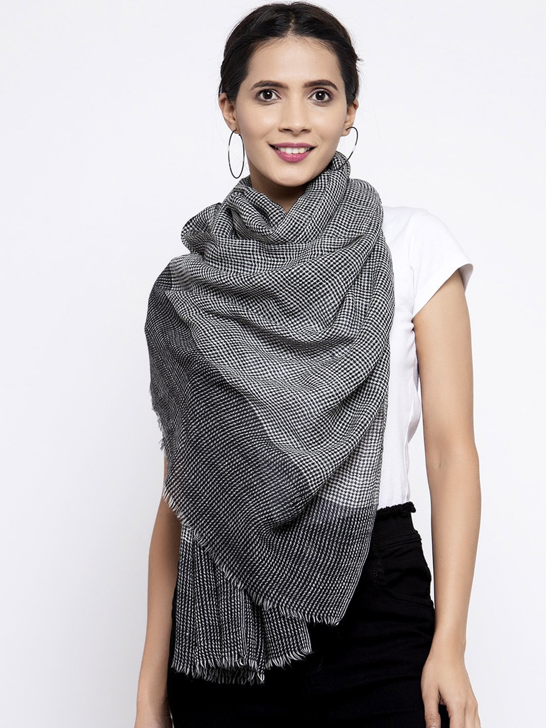 

Calvadoss Women Black & White Woven Design Pure Wool Long-Fit Shawl