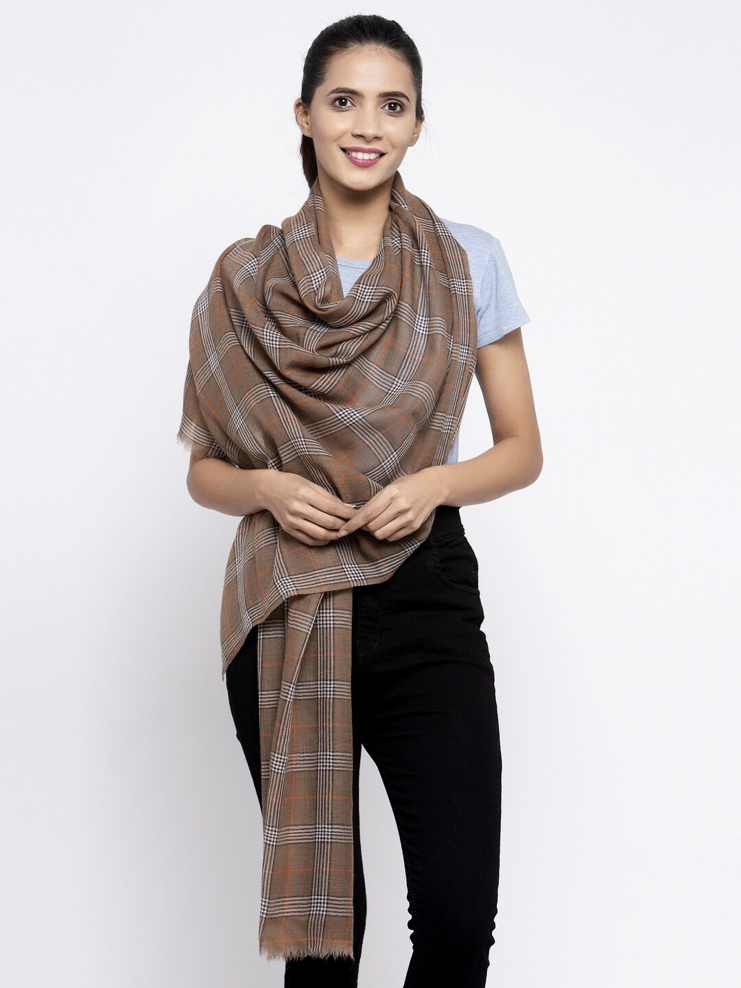 

Calvadoss Women Brown & White Checked Pure Wool Long-Fit Shawl, Multi