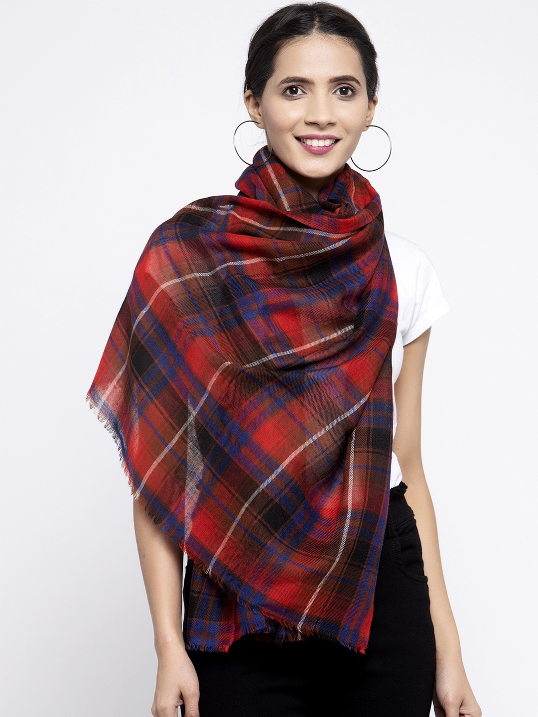 

Calvadoss Women Red & Blue Checked Pure Wool Long-Fit Shawl