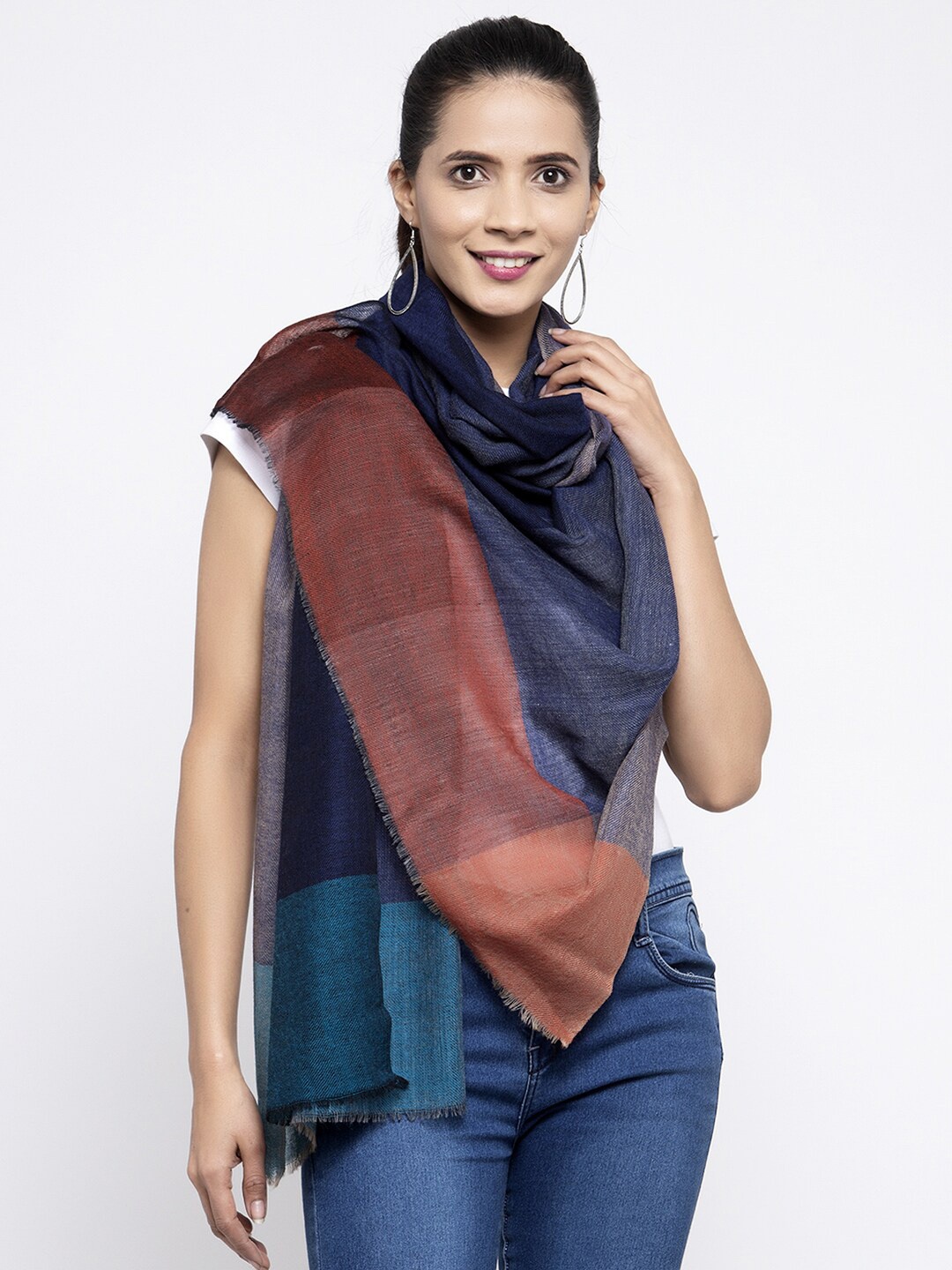 

Calvadoss Women Blue & Brown Woven Design Pure Wool Long-Fit Shawl