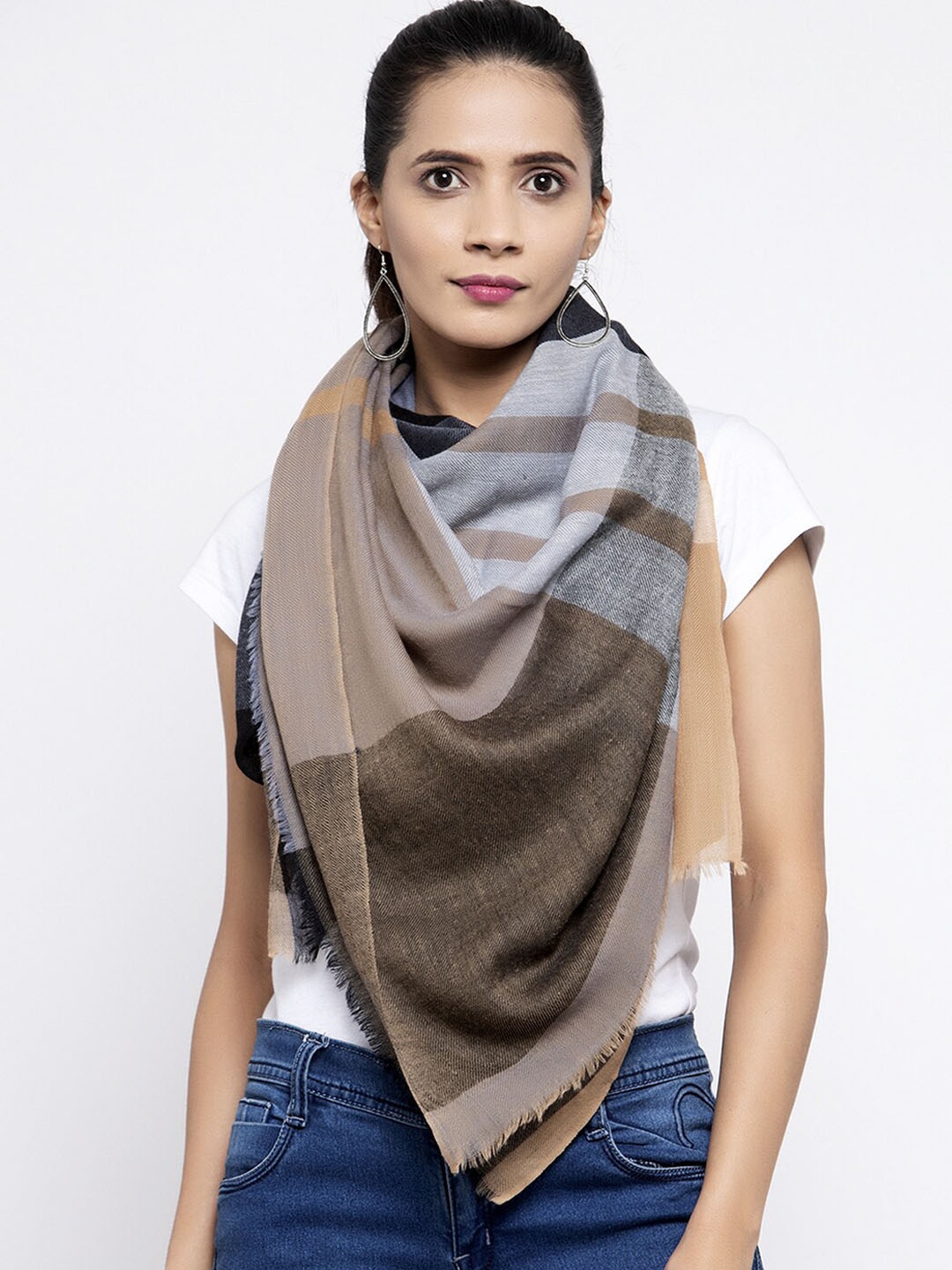 

Calvadoss Women Brown & Grey Woven Design Pure Wool Long-Fit Shawl