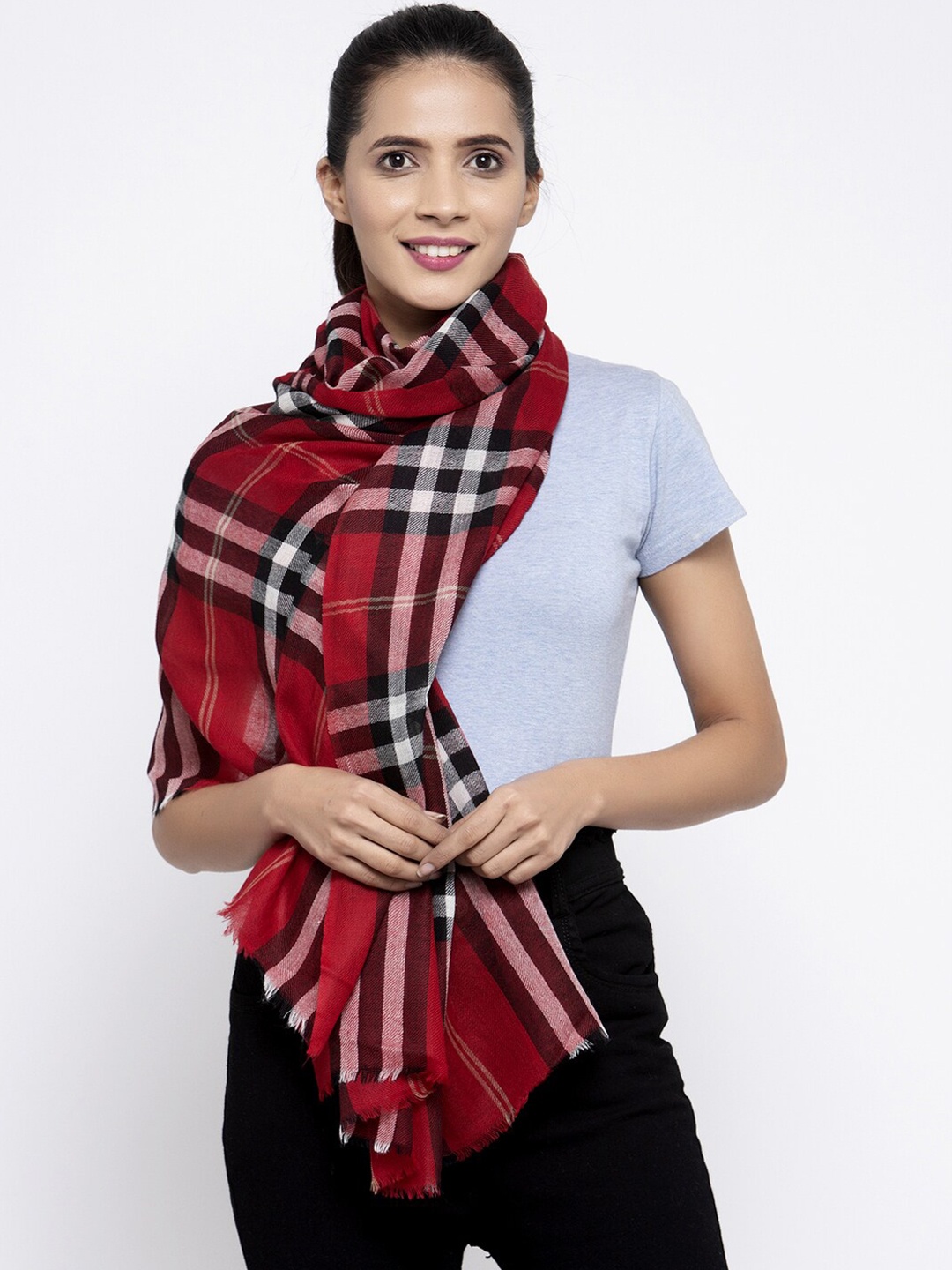 

Calvadoss Women Red & Black Checked Pure Wool Long-Fit Shawl