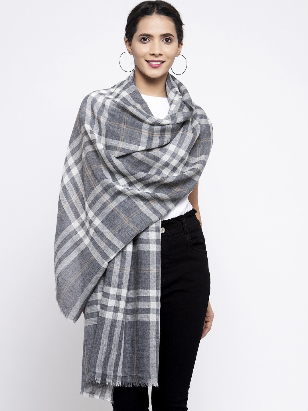 

Calvadoss Women Grey & White Checked Pure Wool Long-Fit Shawl