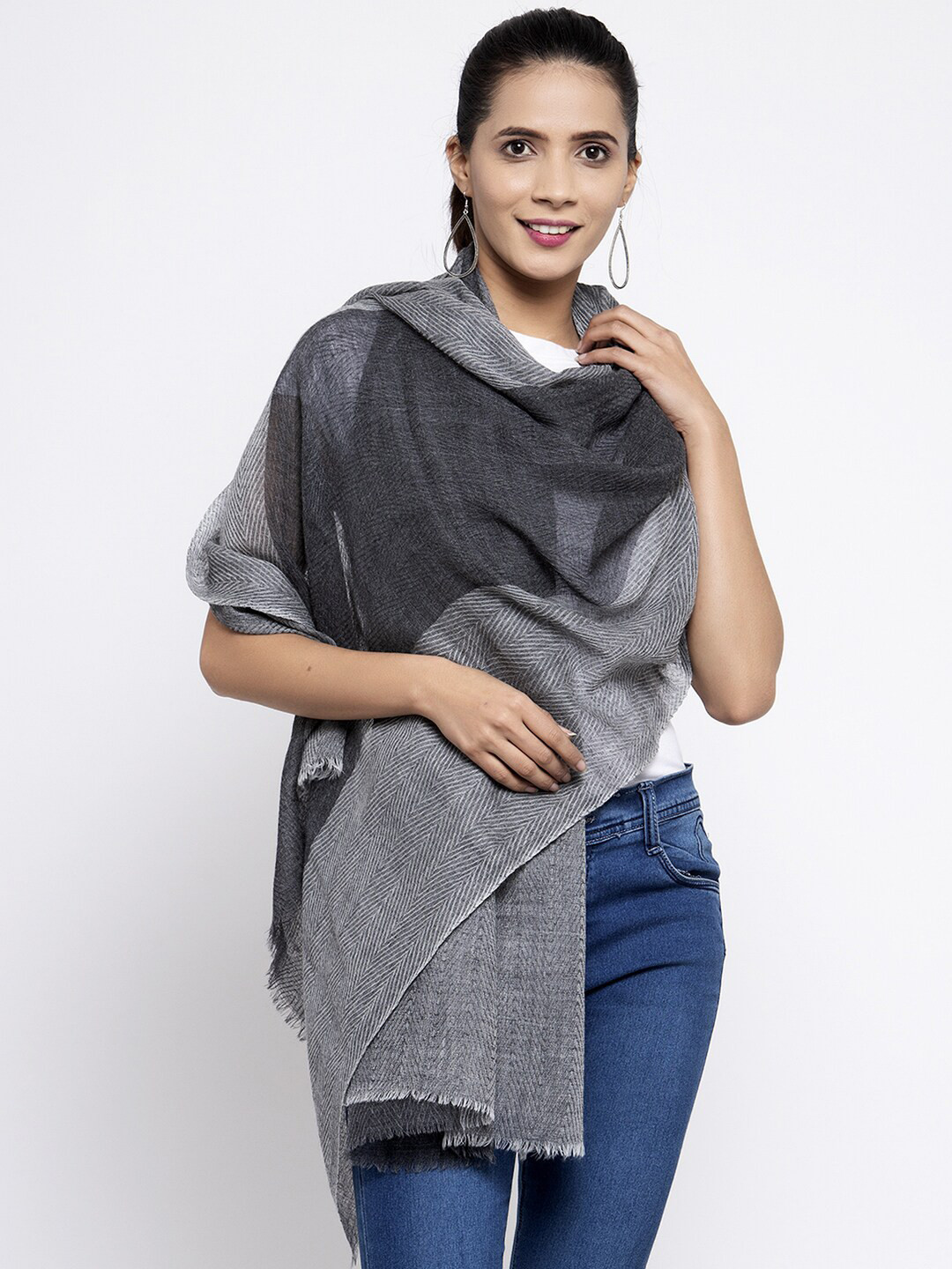 

Calvadoss Women Grey Woven Design Pure Wool Long-Fit Shawl