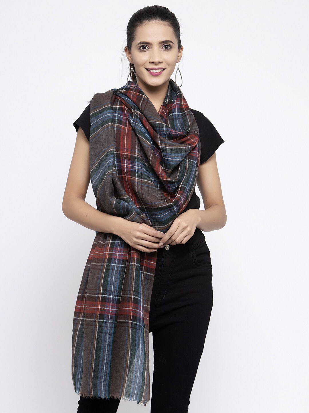 

Calvadoss Women Grey & Red Checked Pure Wool Long-Fit Shawl