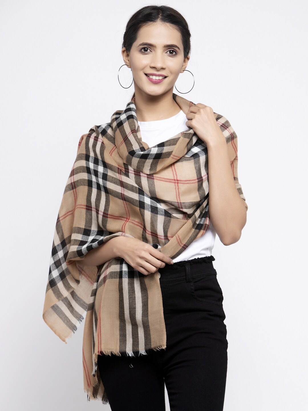 

Calvadoss Women Beige & White Checked Pure Wool Long-Fit Shawl