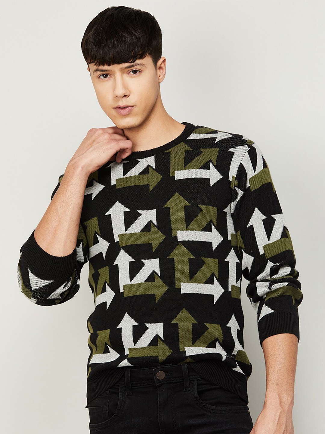 

Bossini Men Olive Green & Black Printed Pullover