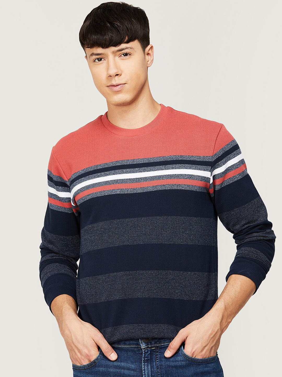 

CODE by Lifestyle Men Blue Striped Pure Cotton Sweatshirt